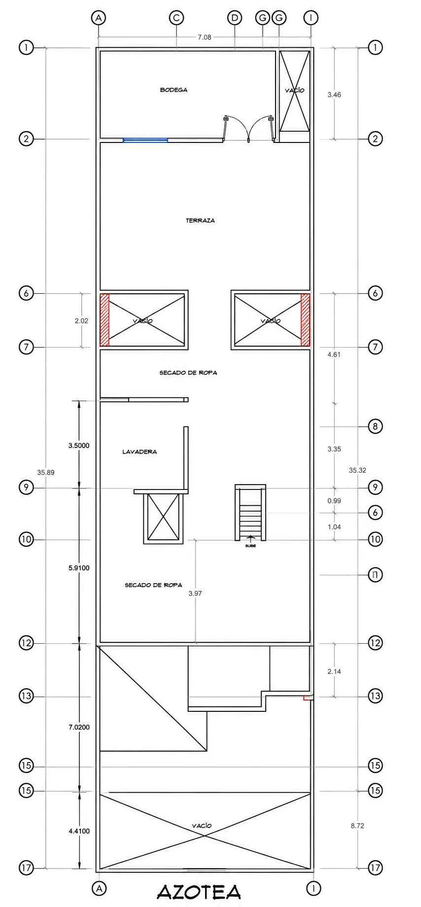 Plano de azotea: lavandería, secado, bodega, terraza y áreas técnicas.