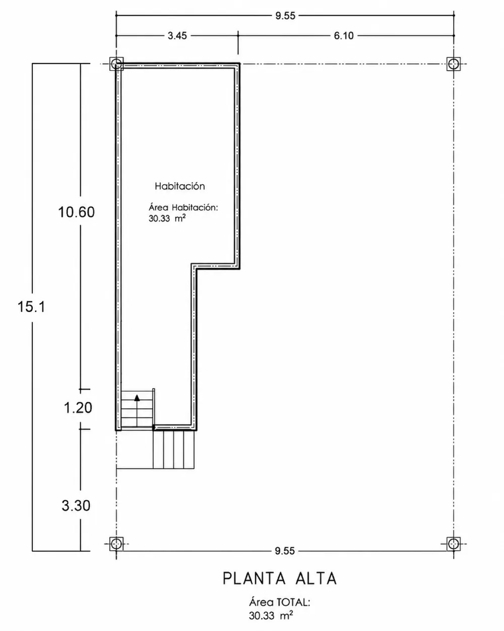 Plano arquitectónico del área privada en obra gris, sobre el bloque de cocina y sanitarios.
